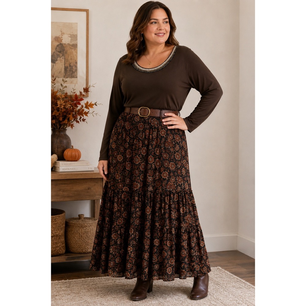 Charter Club Beaded Neck Top 1X Dark Walnut Brown‎ Long Sleeve Rayon Fall Boho